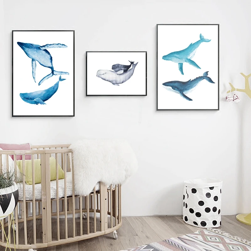 

Watercolor Whale Dolphin Painting Wall Art Print Pictures, Hand Painted Whale Canvas Painting Poster Bathroom Art Decoration