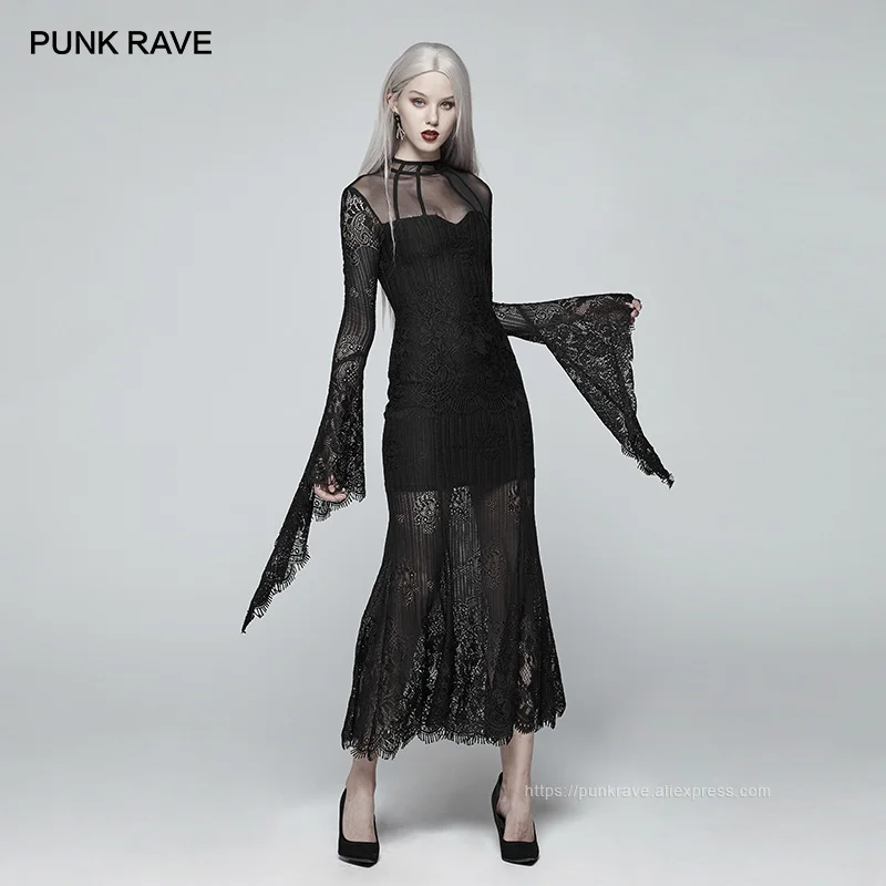 

PUNK RAVE New Gothic Women's Fashion Long-Sleeved Lace Black Dress Evening Party Gorgeous Fashion Hollow Out Sexy Female Dress