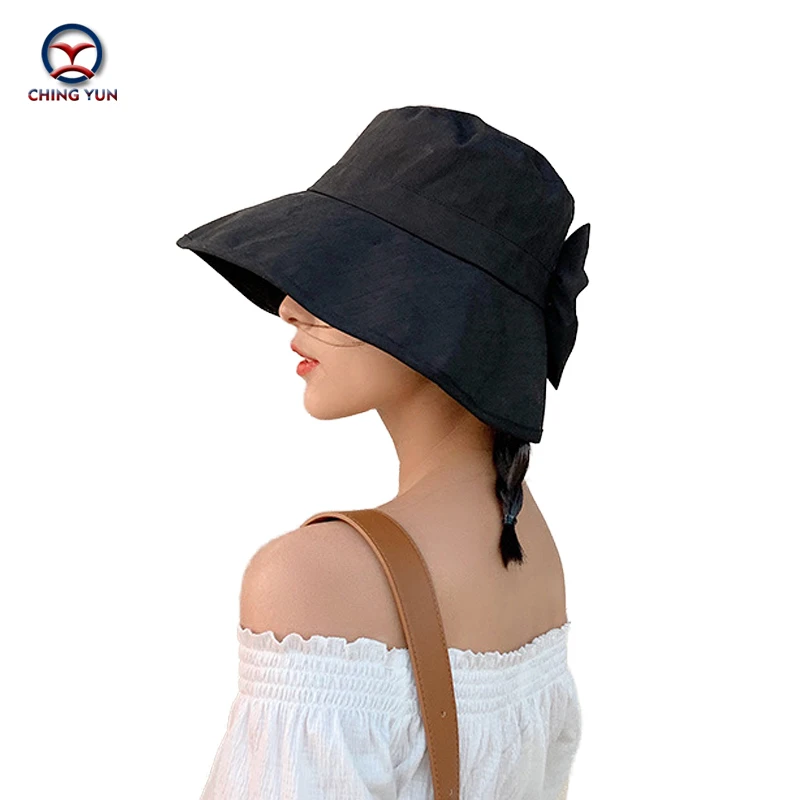 

CHINGYUN Summer Women hat korea sun hat Fisherman's Cotton linen big brim beach Sunscreen breathable bow Seaside travel hat
