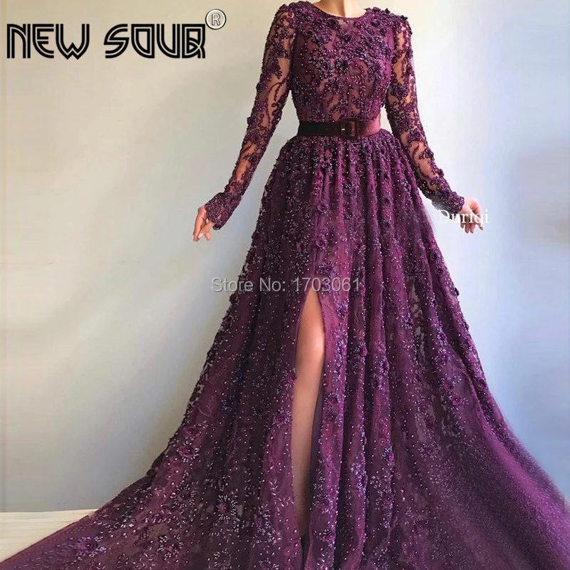 purple long sleeve evening gown