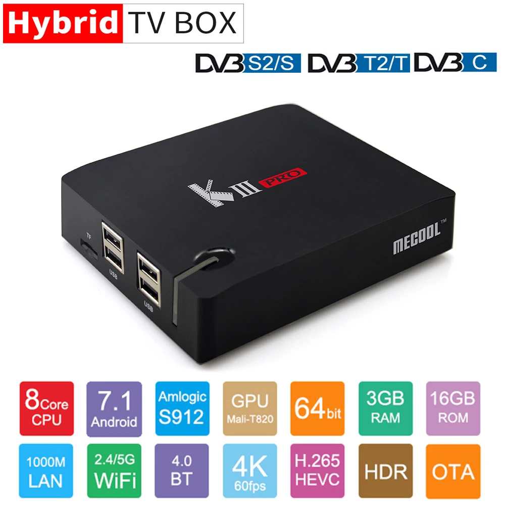 MECOOL KIII PRO DVB T2/T S2 телеприставка Amlogic S912 Android TV Box 3 ГБ DDR3 16 4K H.265 2 4G/5G WiFi