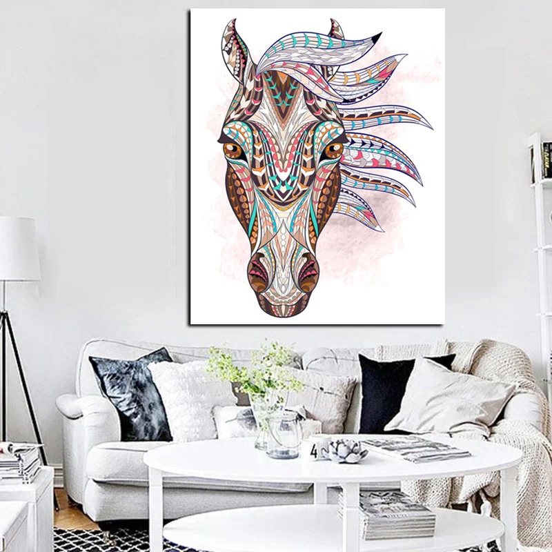 

HD Print Geometric Tattoo Indian Horse Head Oil Painting on Canvas Modern Wall Art Picture for Living Room Sofa Cuadros Decor