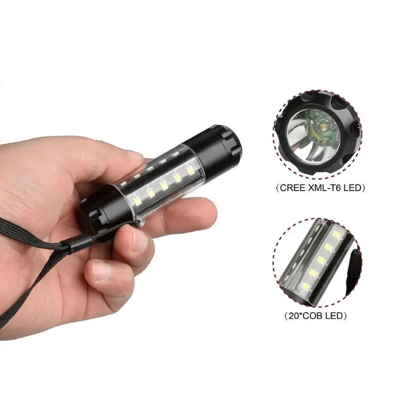 

Portable LED Flashlight 6 Modes XML T6 LED Flashlight Torch Battery Powered COB LED Work Light Emergency Warning Lamp