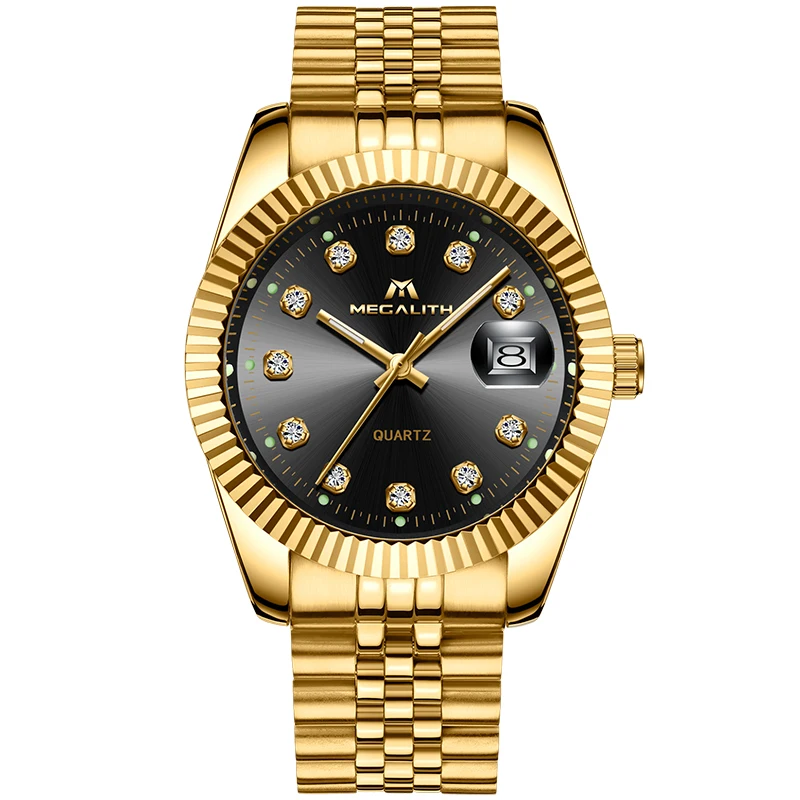 

MEGALITH 2019 Golden Glorious Quartz Watches Men Clock Diamond Waterproof Timing Wristwatch Gents Luxury Business Casual Men