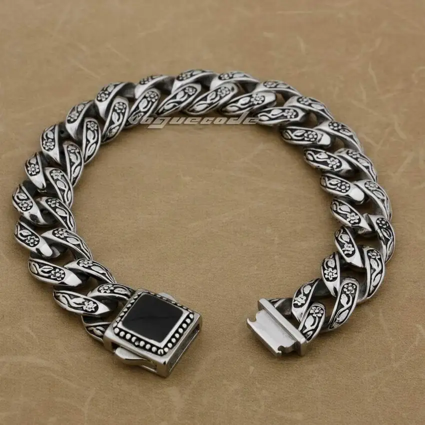 LINSION Solid 316L Stainless Steel Rose Flower Bracelet Mens Biker Link Chain 4R013 Free Shipping