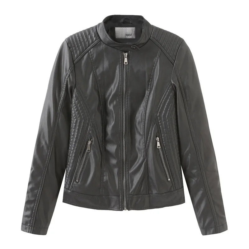 NXH Autumn Leather jacket Women Faux Leather Motor Biker Jacket  Black Coat  Plus size 2019  Fashion Red Pink Leather