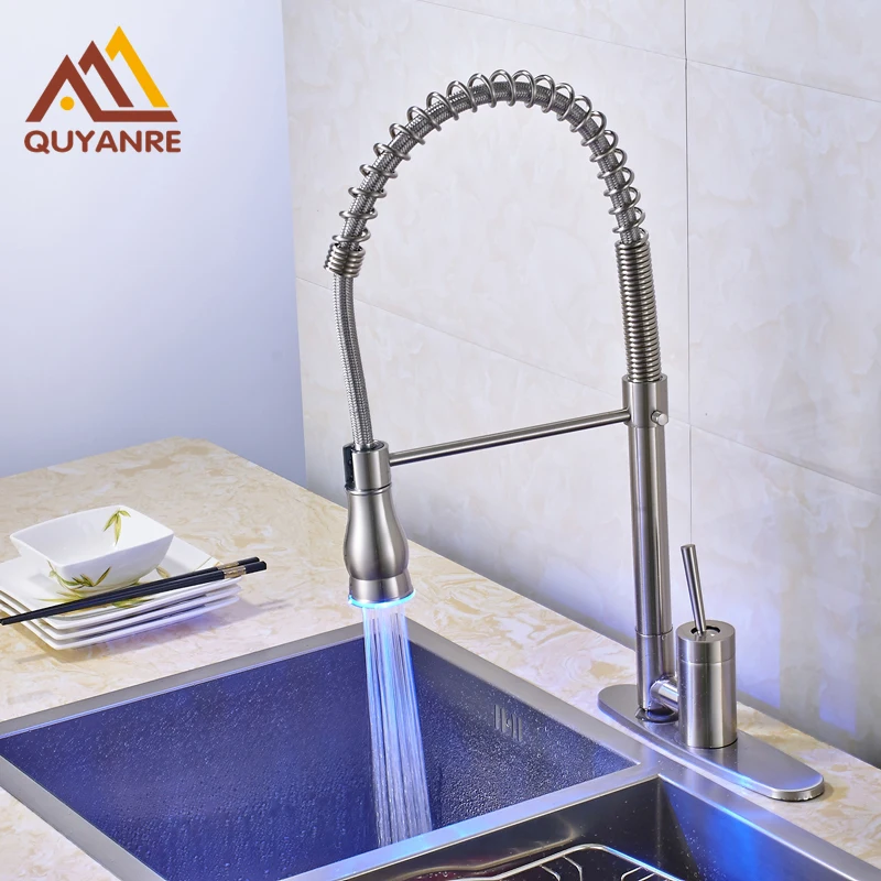 

LED Light Changing Kitchen Faucets Pull Down Single Handle Single Hole Spring Kitchen Water Tap