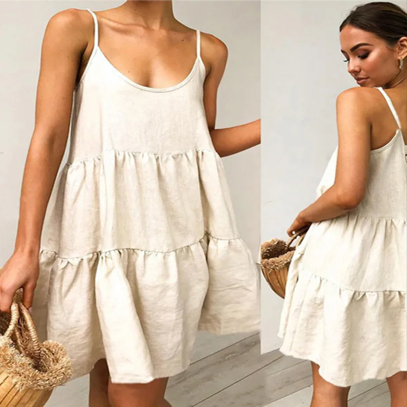 

Basic Casual Loose Ruffles Mini Dress Sexy Sleeveless Back Bowknot Spaghetti Strap Women's 2019 Summer Dresses Beach Short Dress