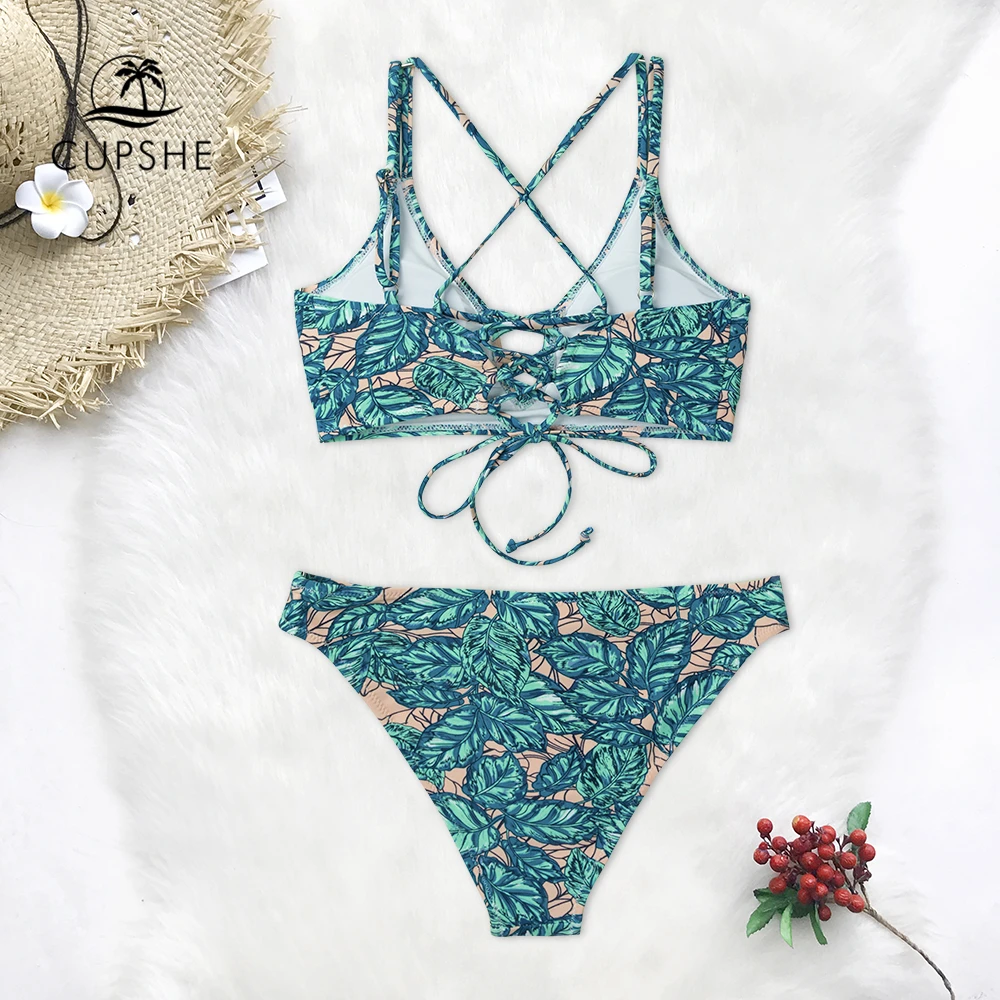 Günstig CUPSHE Blätter Print Lace Up Bikini Sets Frauen Sexy Spitze up Zwei Stücke Badeanzüge 2020 Mädchen Strand Badeanzüge bademode