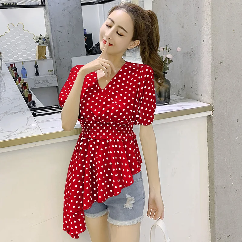 

Polka Dot Women Long Blouse Summer 2019 New Fashion V-Neck Puff Sleeve Blouses Irregular Hem Slim Elastic Waist Tops Blusa Tide