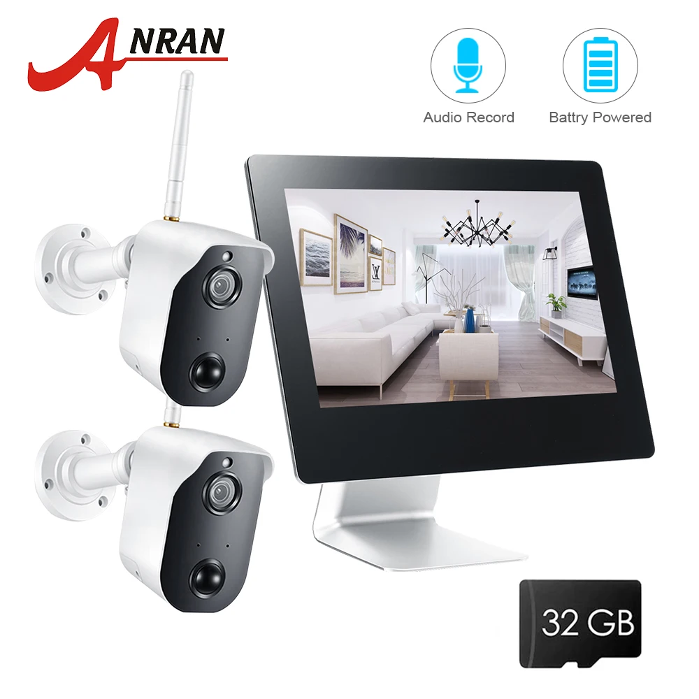 

ANRAN 1080P Wire Free Camera System 9" LCD NVR 2.0MP Battery Powered Security Camera Two-way Audio Wifi Surveillance Camera Kit