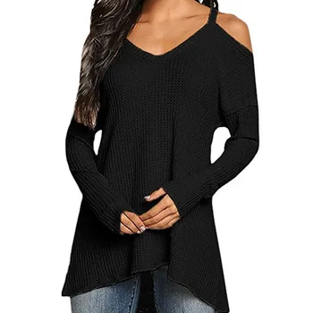 

Women Sweaters Loose Long Sleeve Off Shoulder Knitted Sweater Women V-neck Knitwear Pullover Top Solid Jumper Tops