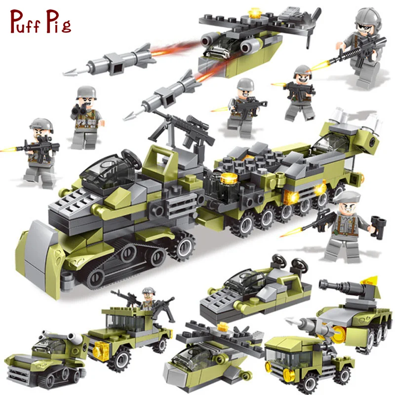 

296pcs Military 6 in 1 Army Weapon Helicopter Truck Building Blocks Soldier Figures Compatible Legoed City WW2 Bricks Child Toys