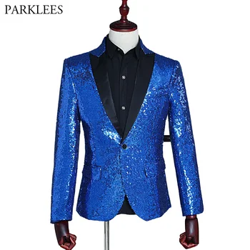 

Men Blue Sequins Blazer Jacket 2018 Shiny Nightclub Single Breasted One Button Blazer Hombre Party Wedding Stage Singer Costume