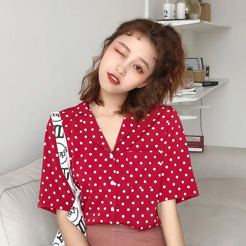 

Summer Short Sleeve Retro Blouse Women Polka Dot Print Shirts Slim Short Sleeve Turn-down Collar Polo Shirt Fashion Blouses