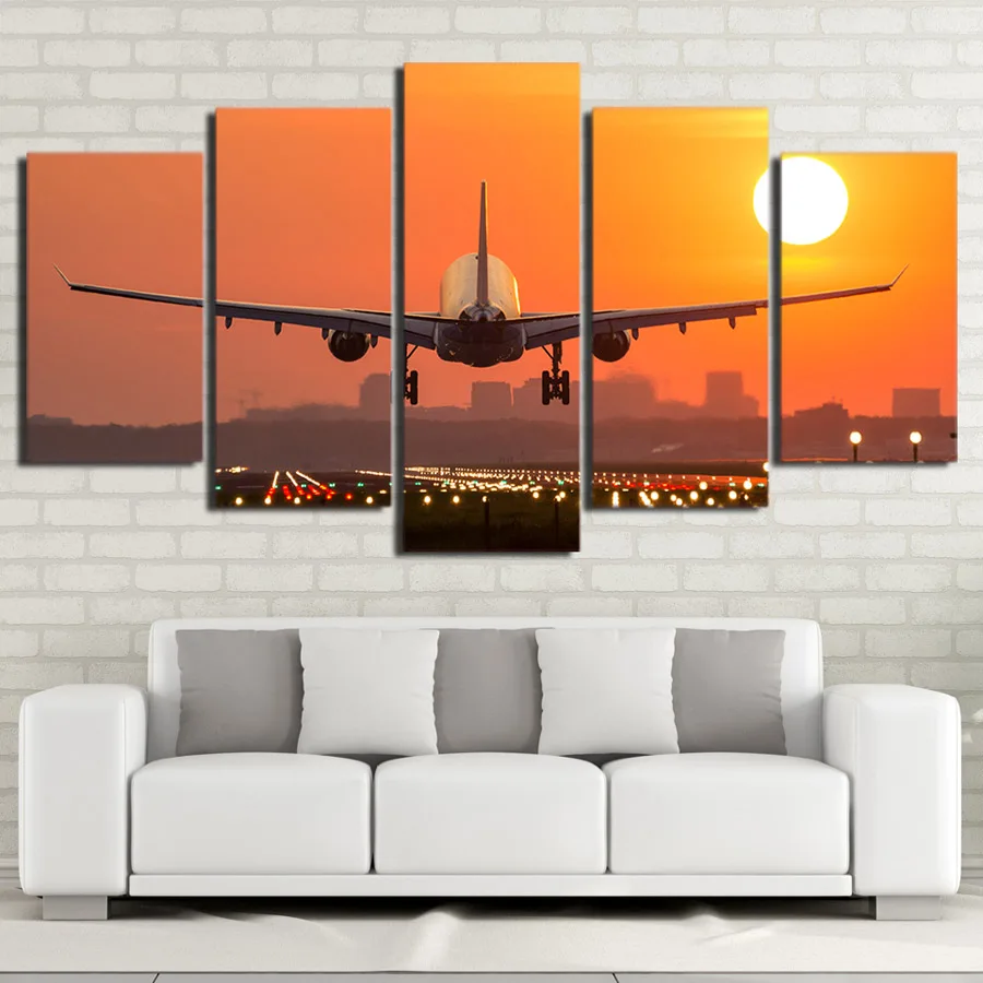 Drop Shipping HD Printed 5 Piece Canvas Art Airplane Sunset Painting Wall Pictures for Living Room Home Decor | Дом и сад