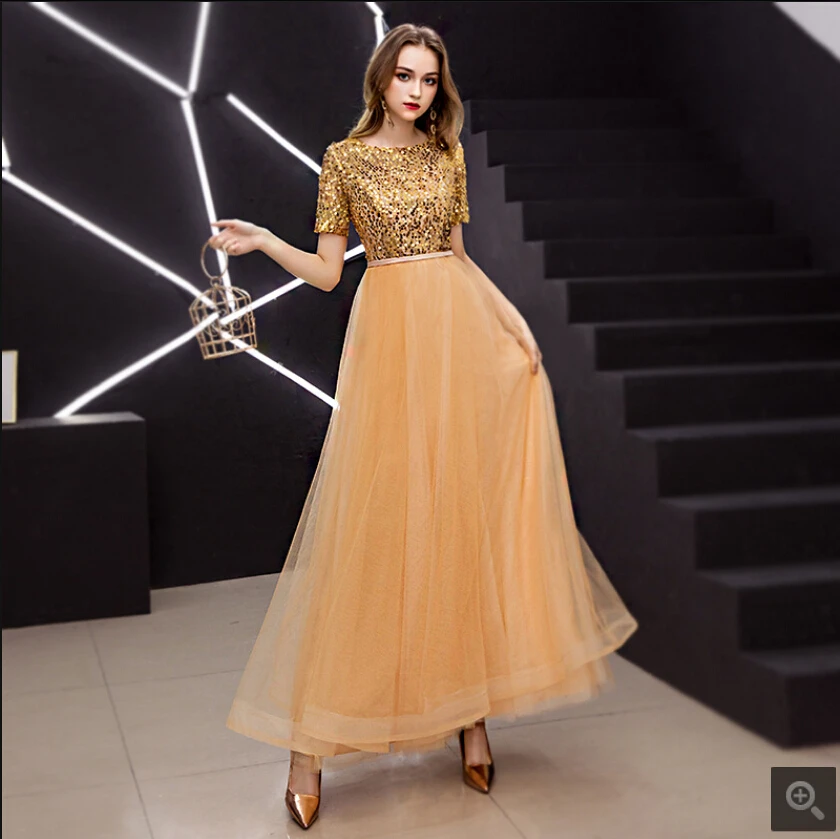 Vestido De Festa Золотое расшитое блестками тканевое ТРАПЕЦИЕВИДНОЕ скромное вечернее