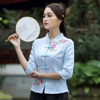 Розовый топ с вышивкой для девочек, новинка, модная женская рубашка чонсам, традиционная китайская одежда с коротким рукавом, китайский топ-туника - Цвет: blue