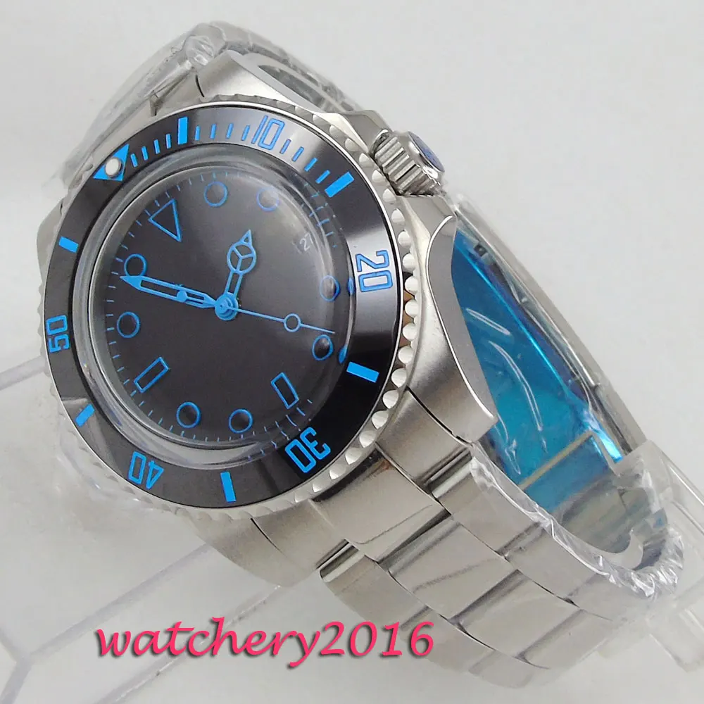 

40mm Bliger Black Sterile Dial Blue numbers Ceramic Bezel Deployment Clasp Date Automatic movement men's Watch