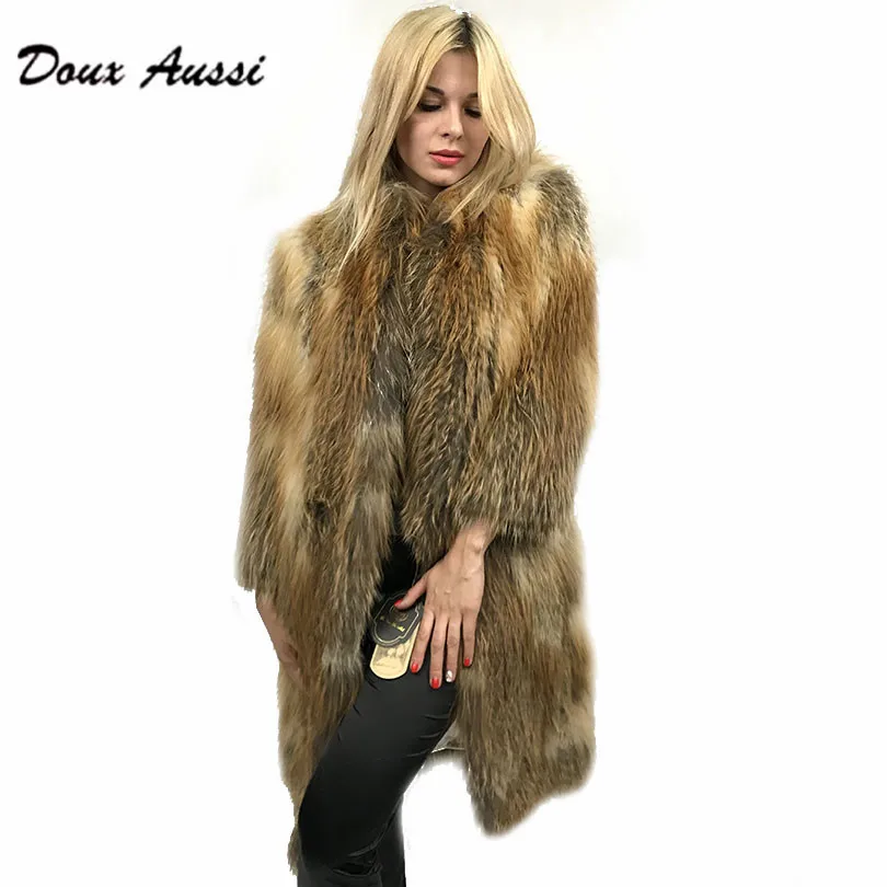 DOUX AUSSI настоящий красный лисий мех куртка длинный трендовый Тонкий теплый полный рукав роскошный из натуральной кожи лисы женский лисий мех пальто женский