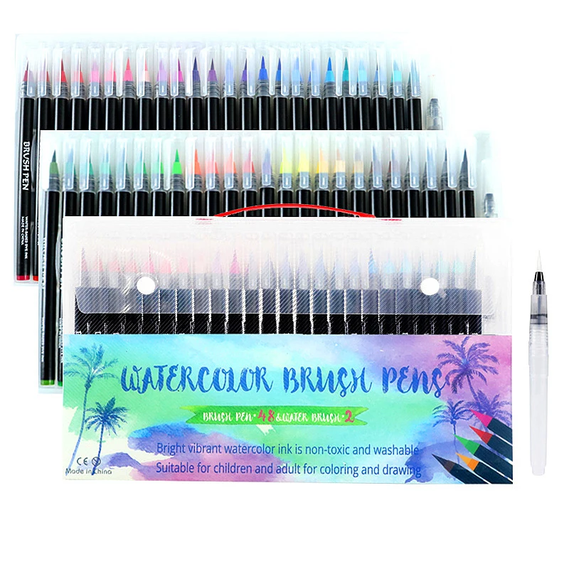Back to School Art Supplies Ohuhu 48 Colors Water Based Drawing Marker Brushes W/A Water Coloring Brush Water Soluble for Adult Coloring Books Manga Comic Calligraphy Watercolor Brush Markers Pen 