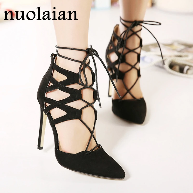 

11CM Black Faux Suede High Heel Shoes Woman Summer Ankle Strap Pumps Womens High Heels Casual Gladiator Ladies Shoes Sandals