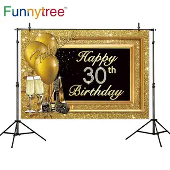 

Funnytree photophone photography backdrops 30th 40th 50th 60th birthday party golden frame High heels Balloon photo backgrounds