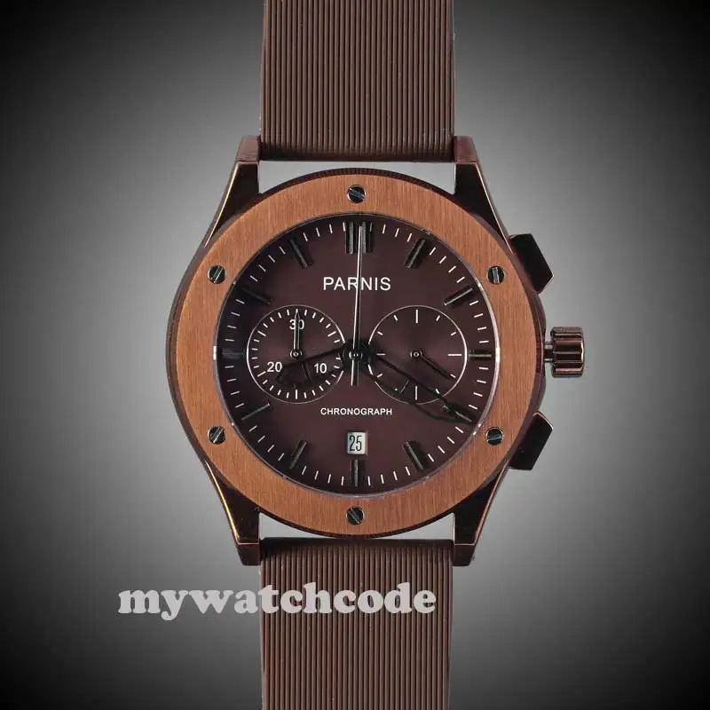 

parnis coffee dial rubber strap deployant clasp quartz chronograph mens watch 218