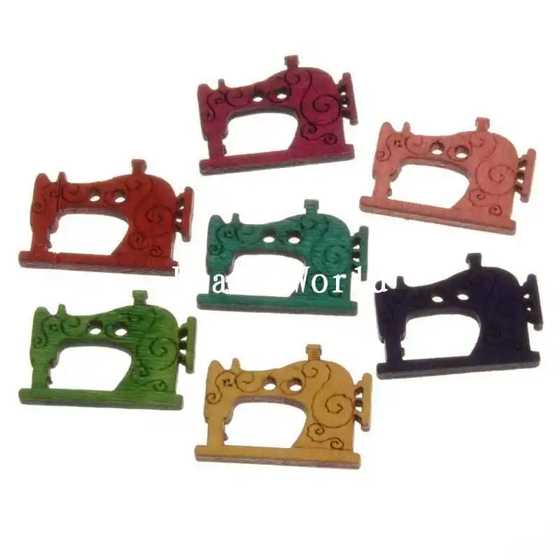 

100 Pcs Mixed Lovely Cute Cartoon Sewing Machine Pattern Wooden Buttons Flatblck Scrapbooking Clothing Diy Making 26x20mm