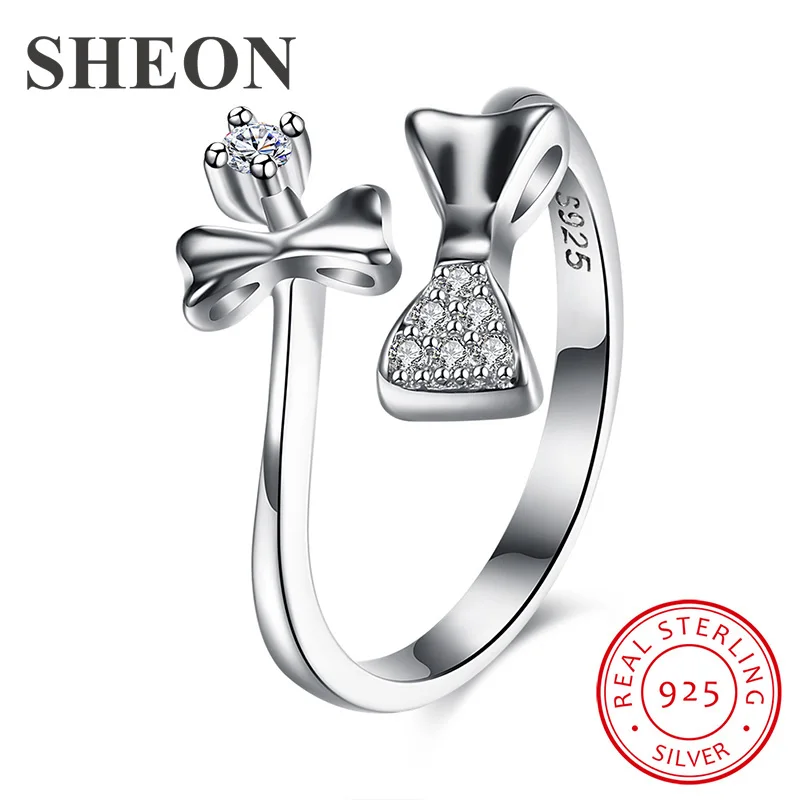 

SHEON Luxury Bowknot Ring 925 sterling silver Open Adjustable Finger Ring With Clear CZ Fine Anniversary Jewelry Dropshipping