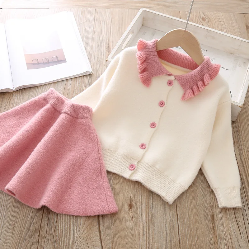 Tanie Dziewczyny odzież wierzchnia 2019 kurtka zimowa odzież ustaw z długim rękawem dla dziewczynek ubrania warstwa wierzchnia + spódnica Tutu sweter z dzianiny garnitur