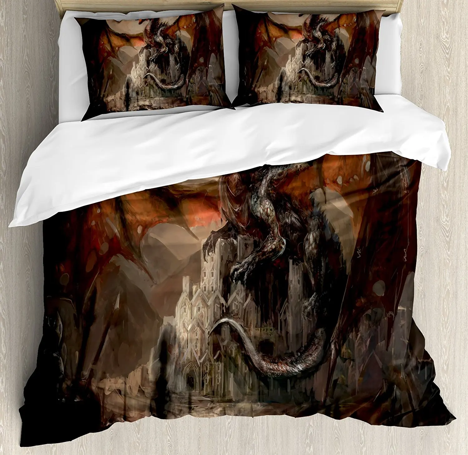Dragon Duvet Cover Set Medieval Fight With Gothic Monster