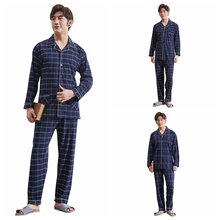 Корейская зима осень мужская пижама хлопковая клетчатая домашняя одежда для сна модная повседневная мужская пижама с длинными рукавами из двух частей