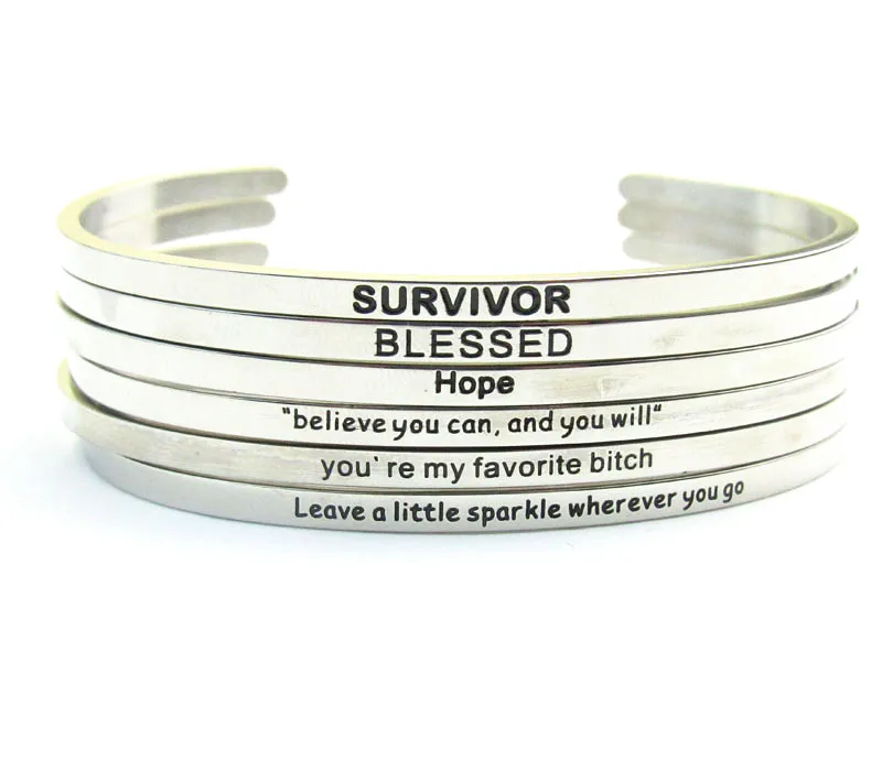 

1pcs Stainless Steel Bangles Engraved Positive Inspirational Quote Hand Carved Letters Cuff Mantra Bracelet For Women Best Gifts