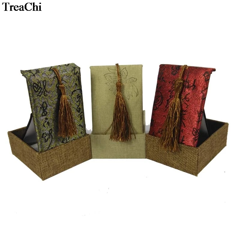

Retro Luxury Tassel Rectangular Earring Pendant Box Linen Flax Calligraphy Lotus Screen Pendant Storage Gift Box 7.5*10*3.5cm