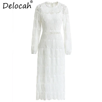 

Delocah Runway Fashion Summer Dresses Women's Long Sleeve Hollow Out Collect Waist Modern Elegant Casual Pure White Midi Dresses