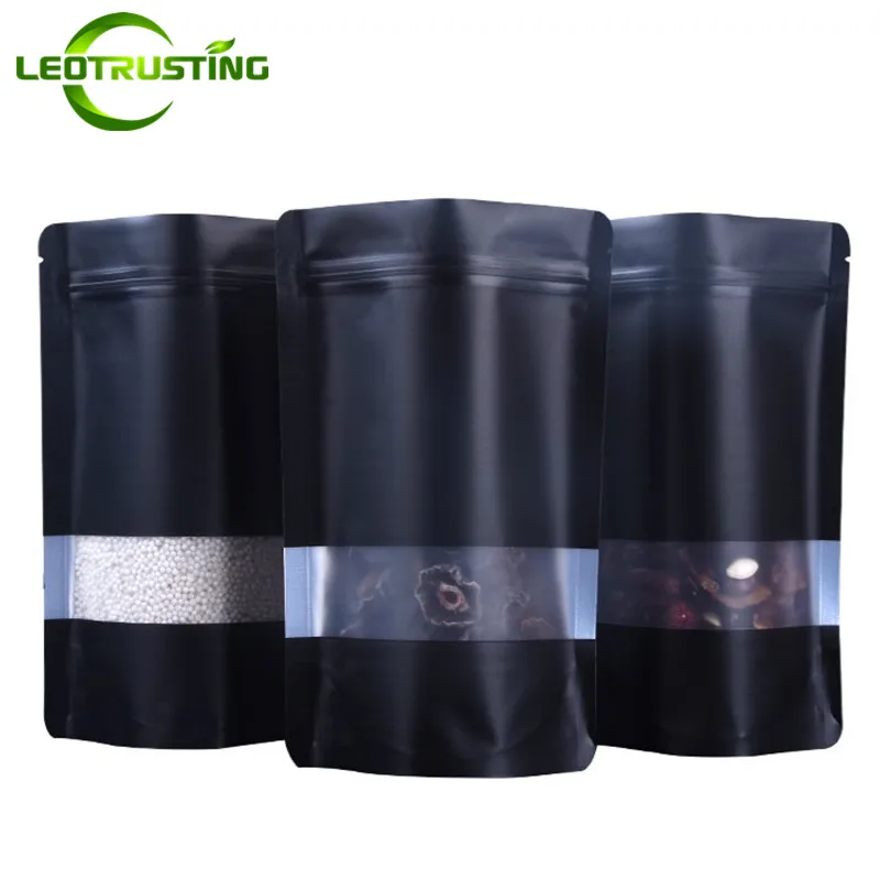 

Leotrusting 100pcs Stand up Matt Black Aluminum Foil Window Ziplock Bag Coffee Powder Nuts Storage Bag Frosted Window Gift Pouch