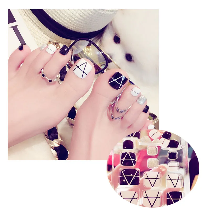 

Fake Nails Feet Design Press On Nail Fashion Black And White Products Toenail False Toe Nails Patch Wearable Detachable