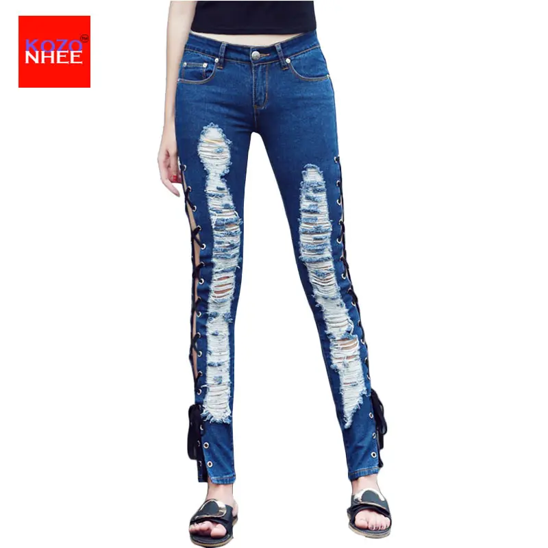 Straps Torn Jeans With Low Waist Split Stitching Drawstring Ripped