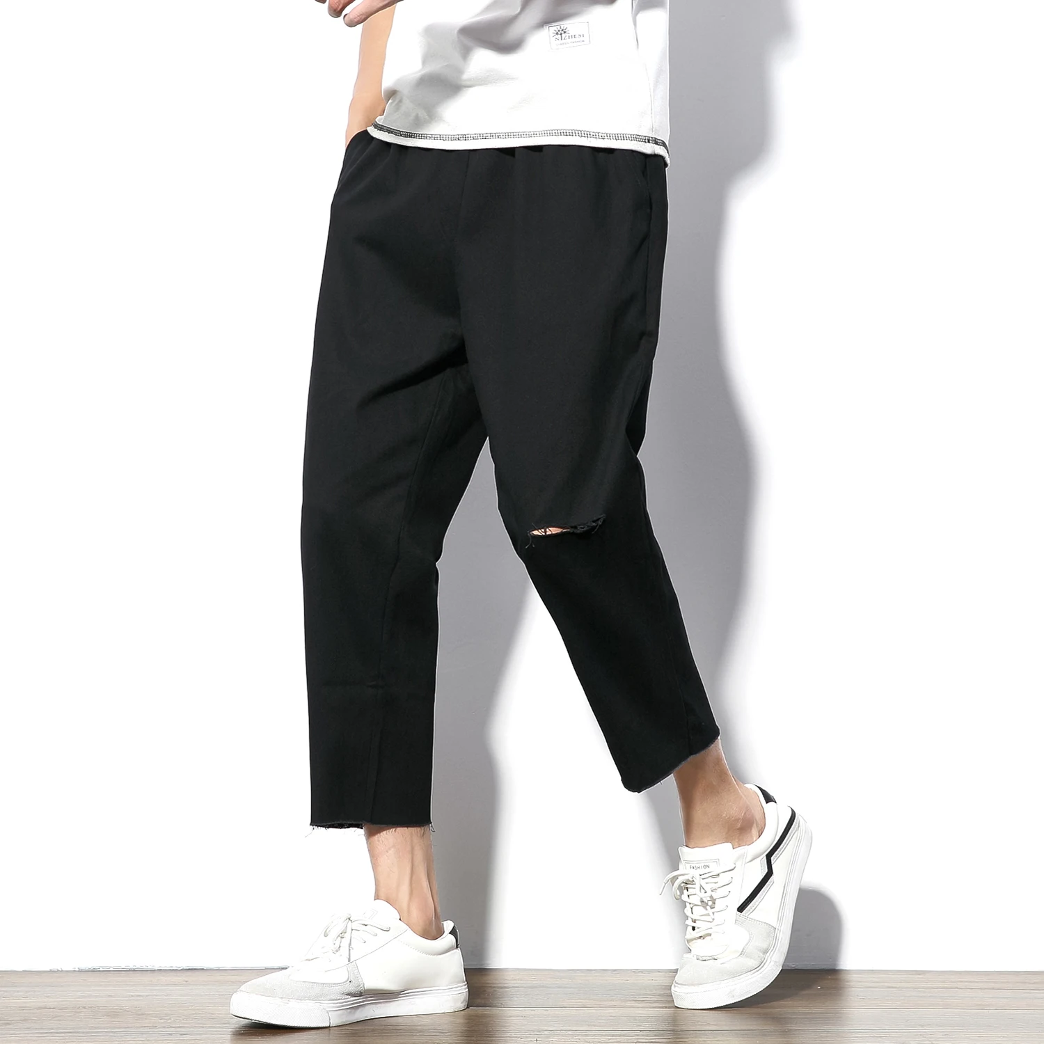 Men Casual Pants Solid Color Seven cent pants men Straight