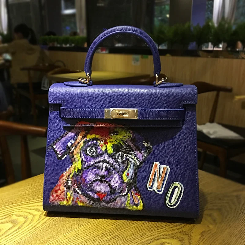 

2016 High quality Europe luxury handbags women bags designer Hand-painted graffiti puppy Cow split leather fashion Messenger Bag