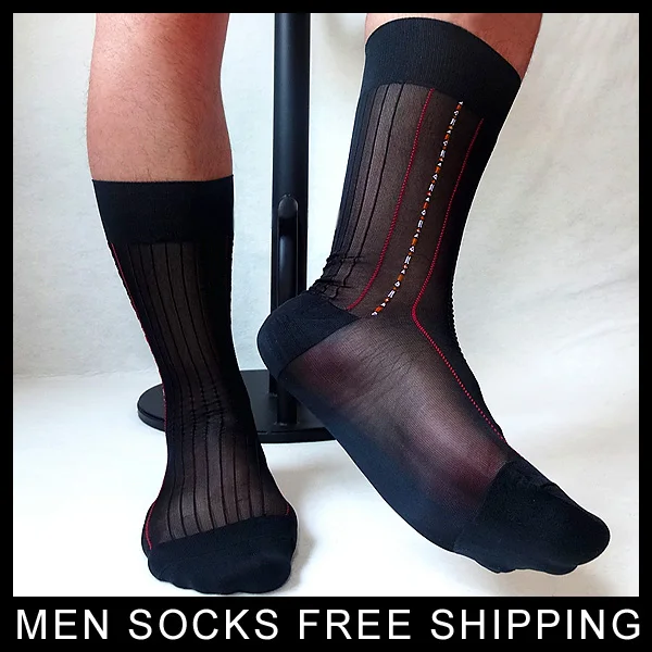 Men Silk Socks Casual Over the Calf Striped Jacquard Sheer Silk Socks