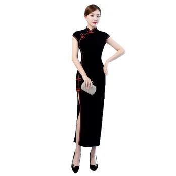 

Shanghai Story Short Sleeve High Split Velvet Cheongsam Qipao Long Folk Style Dress For Women national trend oriental dress