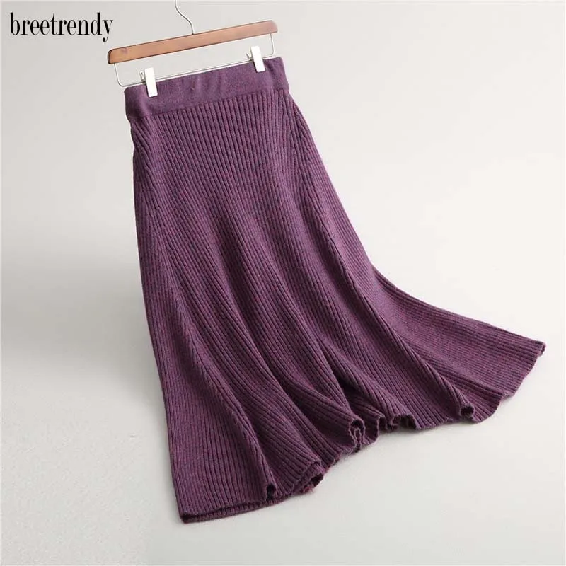 

New Fashion Autumn Winter Women Elastic Waist A-Line Wool Blends Knitted Skirt Ladies High Waist Sweater Skirts Long Skirts