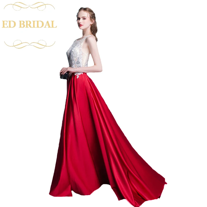Luxury Red Satin Lace Evening Dress The Bride Banquet Sleeveless Sexy