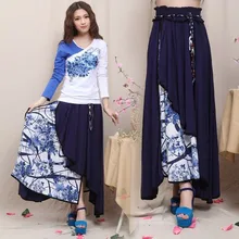 Высокая талия макси сплит юбки женские летние печати Цветочные Лоскутные Асимметричные плиссированные синие длинные юбки Jupe Femme Saia Longa