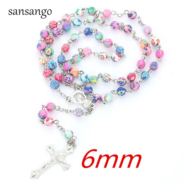 8mm Colorful Polymer Clay Bead Rosary Pendant Necklace Alloy Cross 