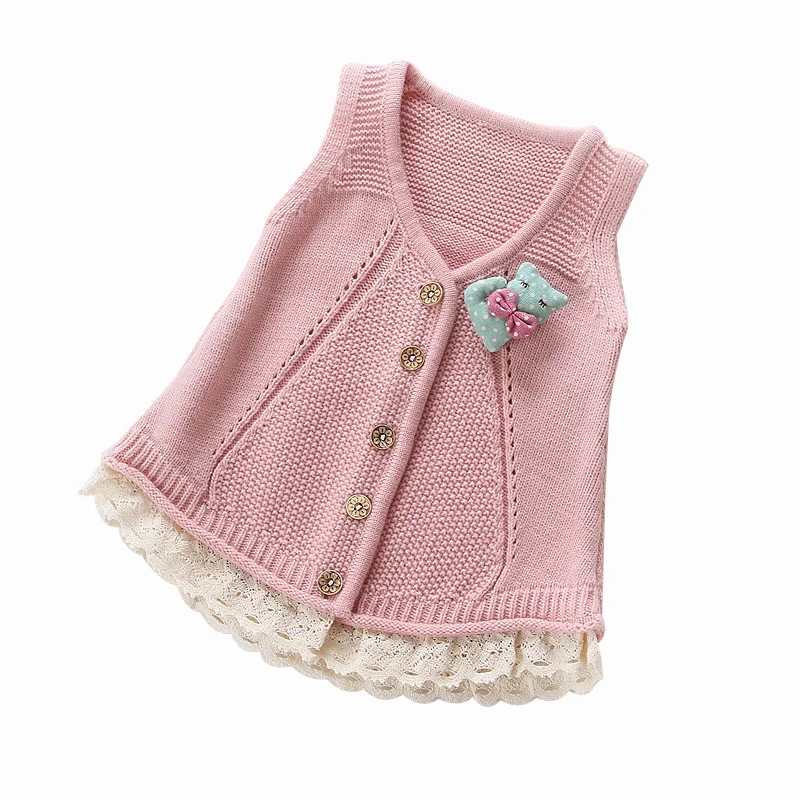 

Spring Autumn Girls Fashion Lace Spliced Vest Knitted Sweater Baby Infant Kids Cute Cartoon Cardigan Newborn Child Knitwear P14