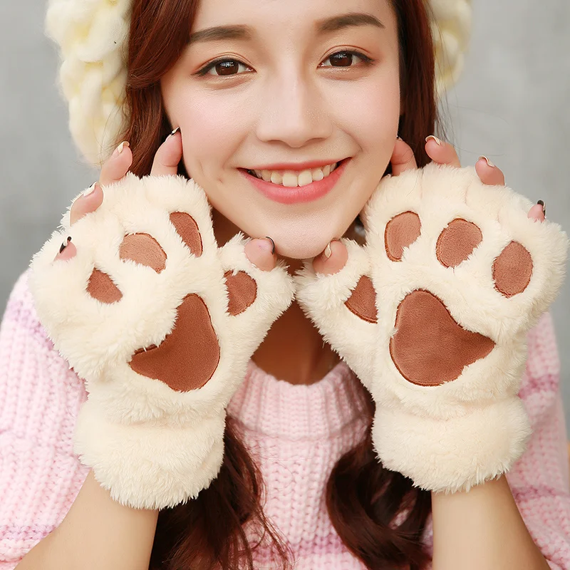 Winter gloves women fingerless gloves winter lady's warm half finger mittens novelty fluffy bear