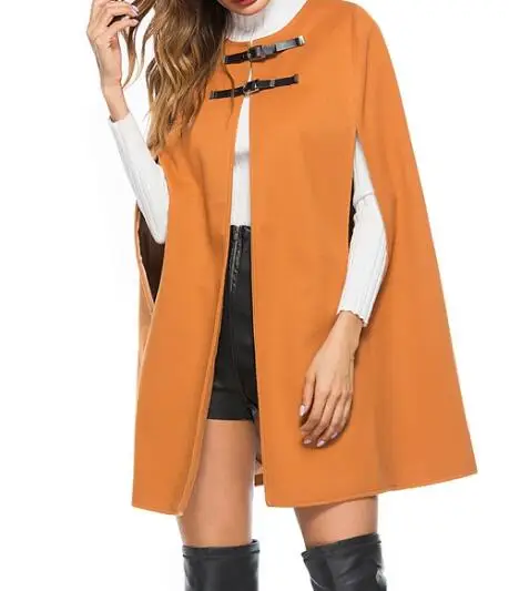 2018 Leather Buckle Cloak Poncho Women Coat New Fashion Round Neck Woolen Overcoat Female Autumn Loose Warm Cape Coat Female